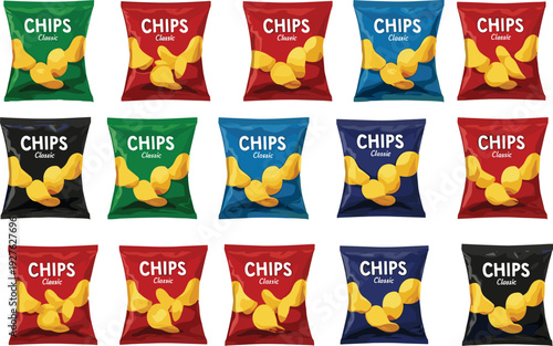 Potato chips packaging vector set with colorful snack bags, crispy chips illustration collection for food branding, advertising, supermarket display, and junk food design