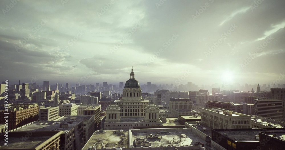 Fototapeta premium Golden hour view of capitol dome with green roofs, rooftop gardens and solar panels catch warm light, sustainable city vibe with aerial drone perspective