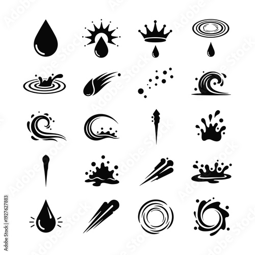 Collection of black and white depicting various water splashes waves and drops