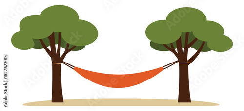Flat design illustration of a hammock depicting it hung between two trees for outdoor relaxation