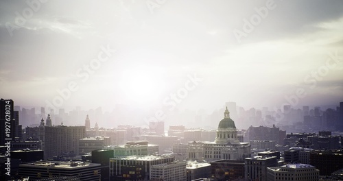Bild auf Leinwand soft hazy skyline at sunrise featuring domed silhouette and layered highrises wi