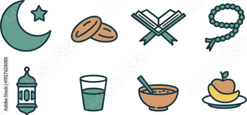 Ramadan and Iftar icons set with crescent moon dates Quran prayer beads lantern water soup and fruit flat vector illustrations isolated on white background