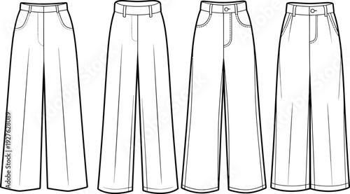 Women wide leg trousers vector illustration, high waist pants front and back view, flat technical fashion design template