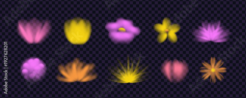 Pastel colors blooming flowers set. Colorful geometric abstract
flowers. Gradient texture, blurred flower buds.