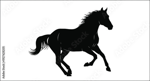 Dynamic vector graphic illustration of a majestic horse galloping with flowing mane and tail, symbolizing freedom, power, and speed in a striking black silhouette design.