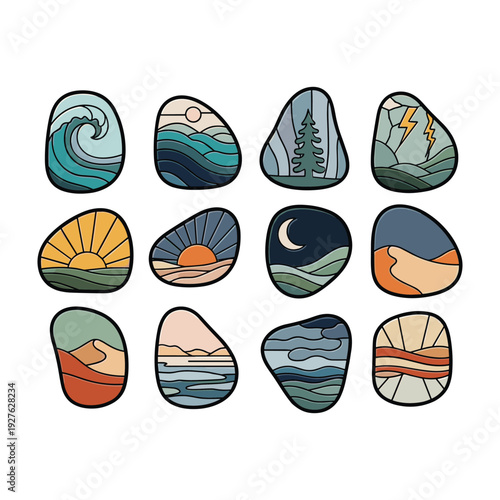 Collection of colorful stones with nature scenes and symbols wave