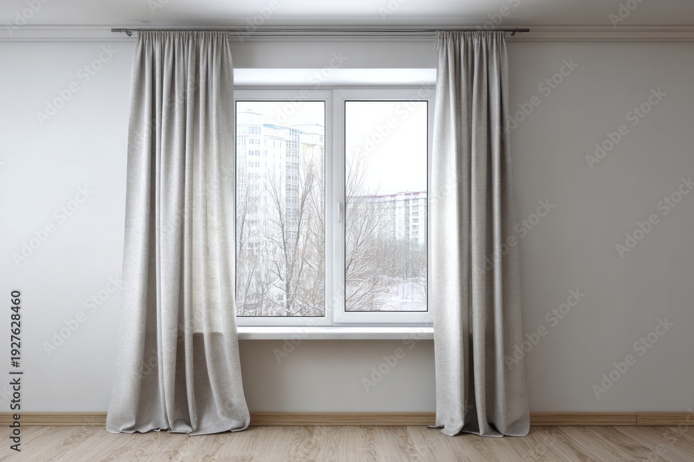 Fototapeta premium Light curtains frame a window with a view of buildings and trees in winter.