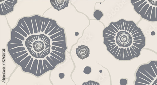 Beige background with randomly placed ammonite fossils in gray tones for subtle prehistoric pattern designs