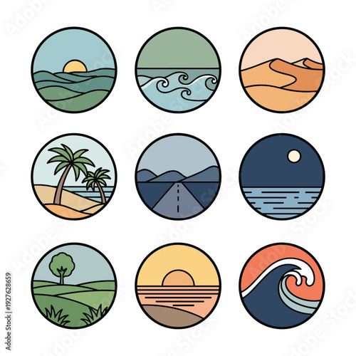 Collection of nine circular depicting various natural landscapes including sunsets beaches mountains waves and deserts