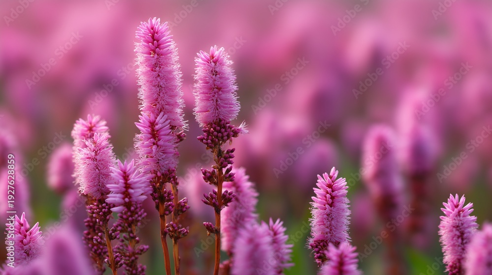 Obraz premium Pink Bistort Flowers Blooming in Meadow Close Up Floral Image