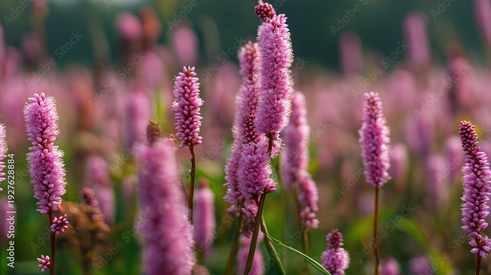 Obraz premium Pink Bistort Flowers Blooming in Meadow Close Up Floral Image