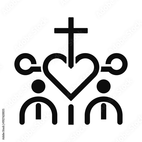 Black Icon of a Christian Cross Above a Heart with Two People Connected christianity love