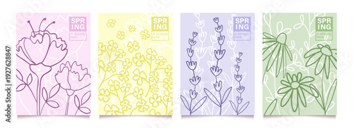 Spring flowers in line art. Floral cute set of plant. Hand drawn vintage background template with botanical motifs. Simple sketch. Vector doodle illustration.