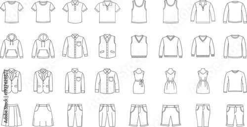 Clothing outline icons vector set with shirts jackets dresses pants and casual apparel line art collection