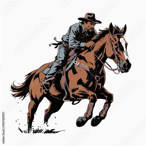 Dynamic Illustration of a Fearless Cowboy Riding a Powerful Jumping Horse Vector