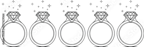 Diamond engagement ring outline vector set with sparkling gemstone jewelry line art wedding illustration collection