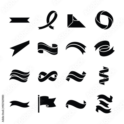 Collection of black ribbon banners arrows and swirls in various styles