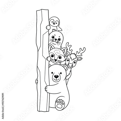 Black and white of a bear hugging a tree with forest animals