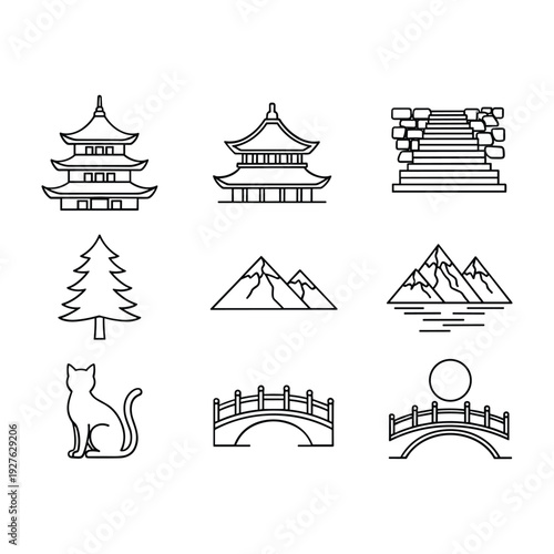 Black and white line of pagodas mountains cat bridge pine tree and pyramid temple
