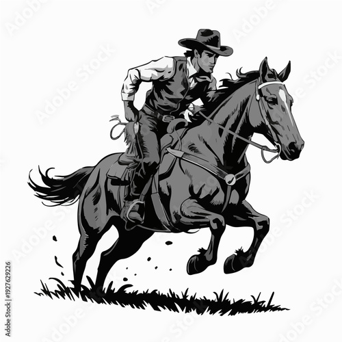 Dynamic Illustration of a Fearless Cowboy Riding a Powerful Jumping Horse Vector