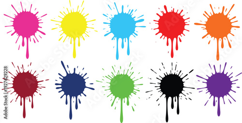 Colorful paint splatter vector set with bright ink splash stains isolated abstract grunge design elements