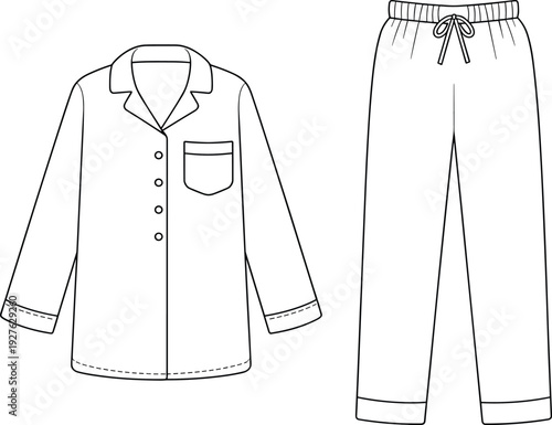 Women pajama set vector illustration, long sleeve button shirt and drawstring pants, front view sleepwear fashion template