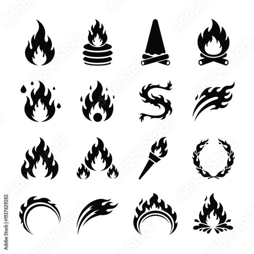 Collection of black and white fire and flame including bonfires campfires torches and abstract