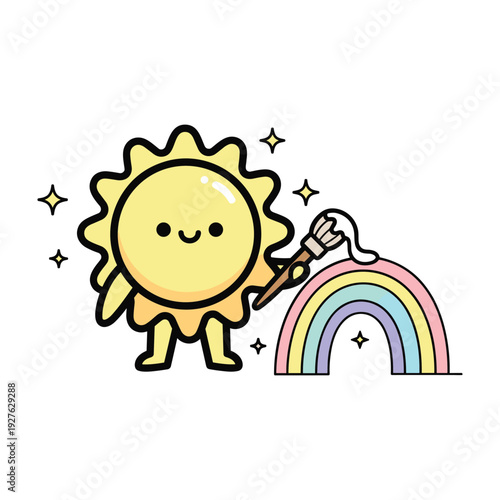 Cheerful yellow sun character painting a colorful rainbow with a brush