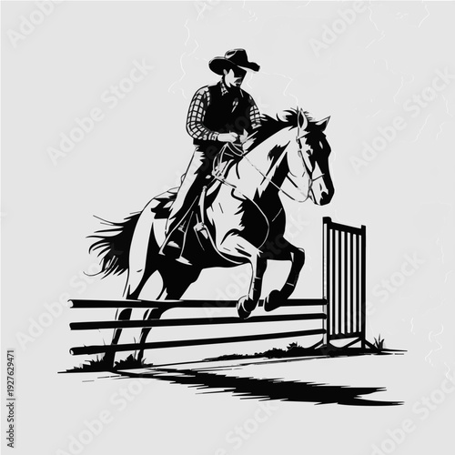 Dynamic Illustration of a Fearless Cowboy Riding a Powerful Jumping Horse Vector