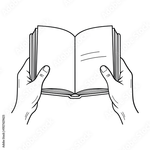 Open book held by hands with blank pages and visible fingers