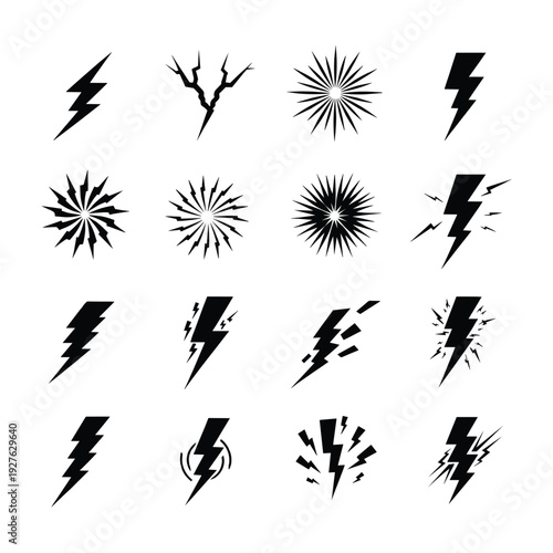 Collection of black and white lightning bolt and explosion