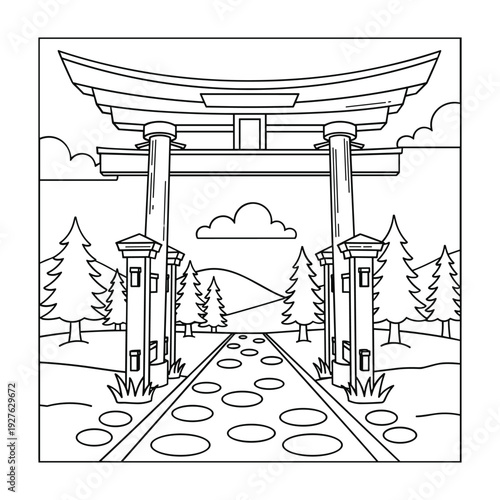 Black and white line of traditional japanese torii gate in landscaped garden