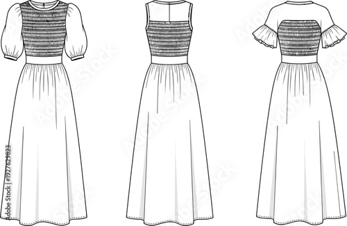 Women maxi dress vector illustration, smocked bodice puff sleeve and sleeveless styles front back view fashion template
