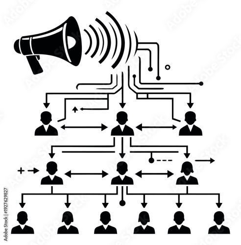 Iconic graphic illustration of a communication network depicting a megaphone broadcasting information to interconnected people for marketing and social influence