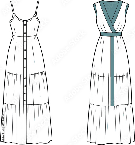 Women maxi dress vector illustration, sleeveless button front and wrap style design, front and back view fashion template