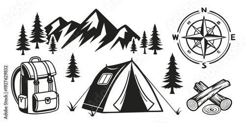 A scenic mountain landscape with camping and hiking activities depicted Vector