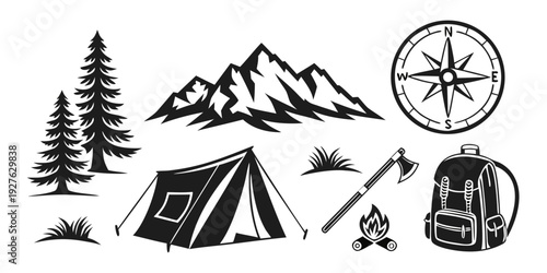 Camping gear and nature illustrations with mountains and compass Vector