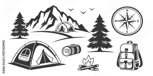 A serene campsite nestled in a mountainous landscape with a compass and a map. Vector