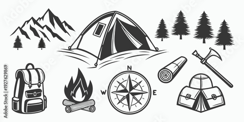 A collection of camping and outdoor adventure icons and symbols Vector