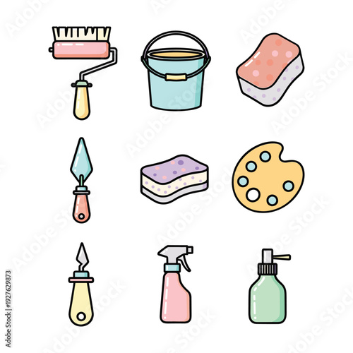 Colorful of painting and cleaning tools including brushes sponges bucket and spray bottles