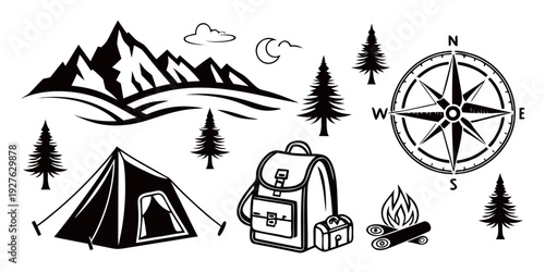 A collection of camping and hiking related icons including a compass, tent, and backpack Vector