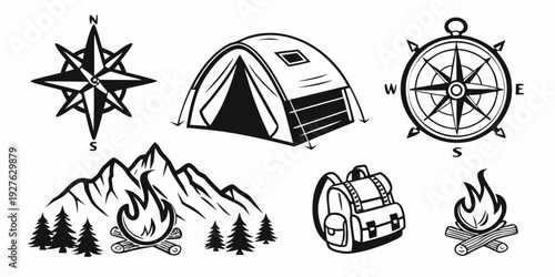 Adventure symbols featuring camping, hiking, and navigation elements Vector