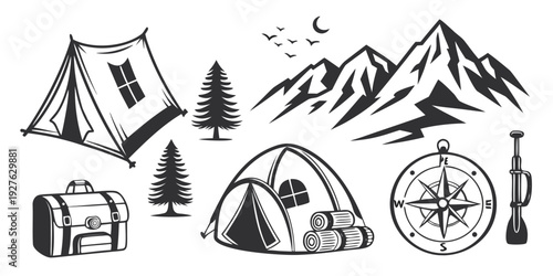 A detailed illustration of various camping tents and mountain peaks Vector