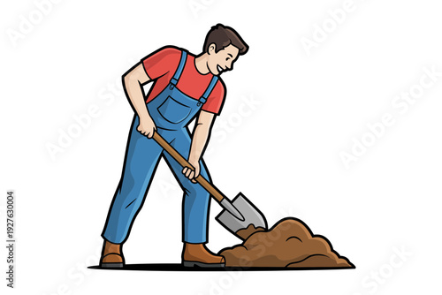 A man in overalls digging with a shovel in a vector graphic illustration
