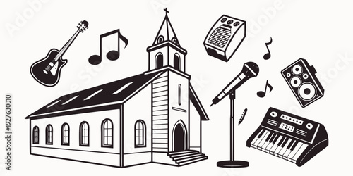 A church with a steeple and various musical instruments in the foreground Vector