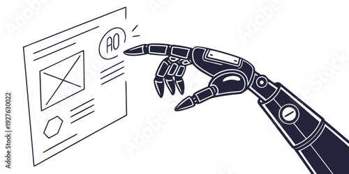 A robotic hand interacting with a digital interface displaying a document and a chat bubble Vector