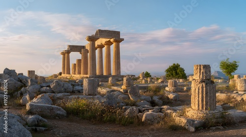 Ancient Greek temple ruins bathed in golden light atop a serene Italian hillside landscape