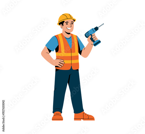 A cartoon construction worker holding a drill and wearing safety gear