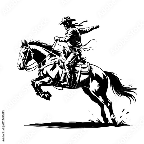 Dynamic Illustration of a Fearless Cowboy Riding a Powerful Jumping Horse Vector