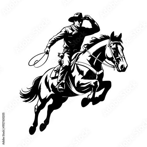 Dynamic Illustration of a Fearless Cowboy Riding a Powerful Jumping Horse Vector